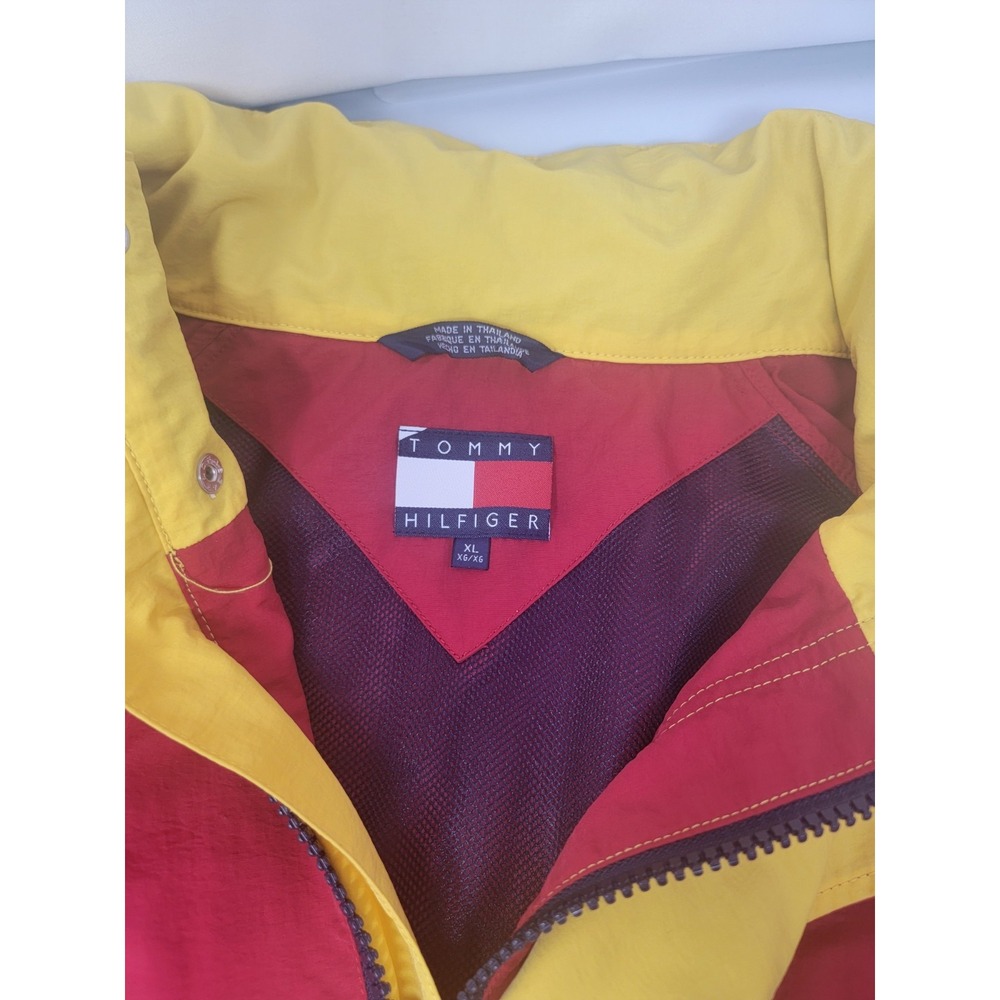 Vintage 90's Tommy Hilfiger Hooded Jacket Red Blue Men's Size XL Spellout Hooded - Picture 2 of 15